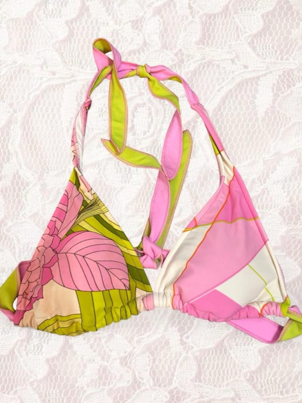 Pink & Green Floral Halter Bikini Top - Women Swim